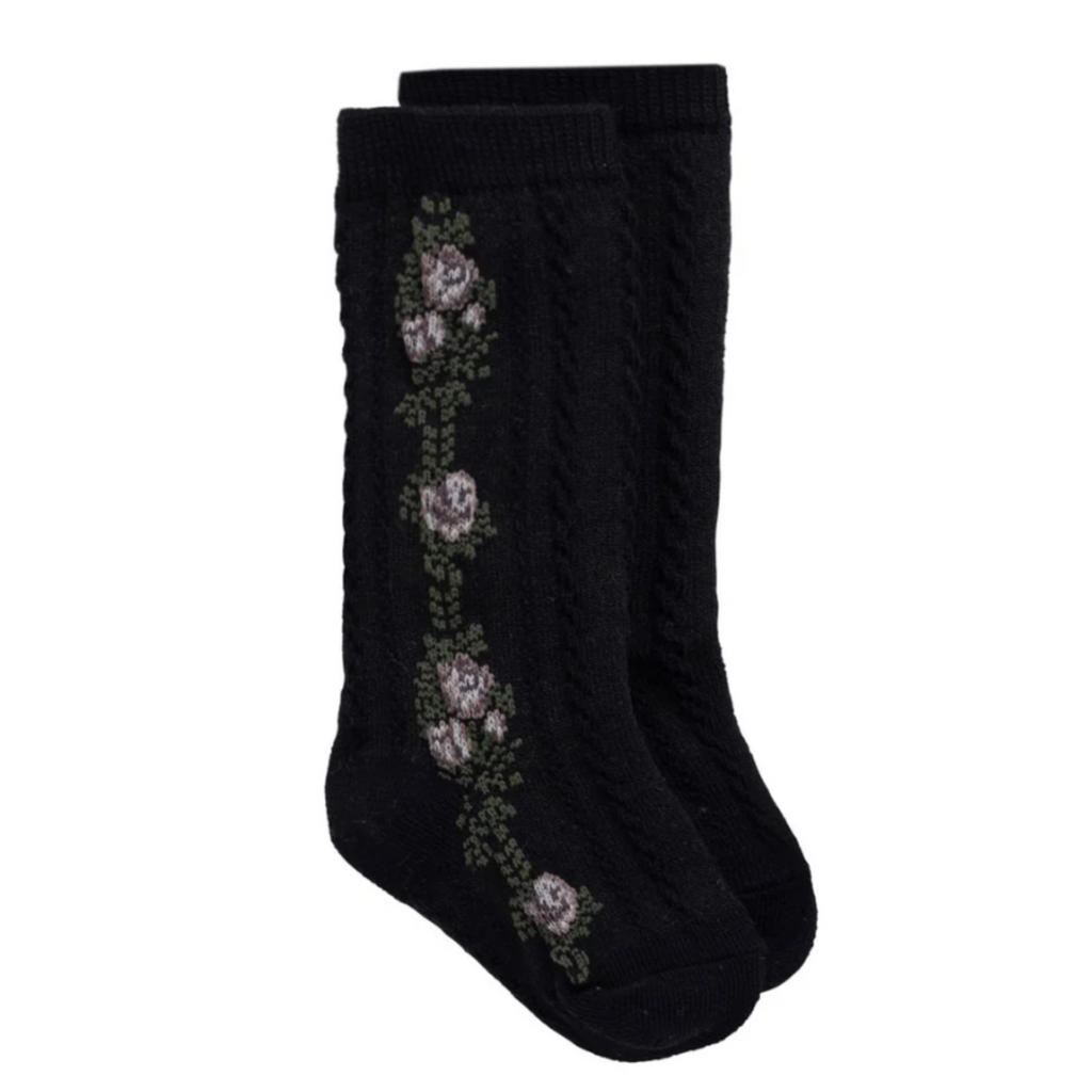 Tasha Floral Jacquard Sock in Black Beauty PRESALE - Little Kinfolk Boutique | Children's Clothing Regina, SK