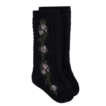 Tasha Floral Jacquard Sock in Black Beauty PRESALE - Little Kinfolk Boutique | Children's Clothing Regina, SK
