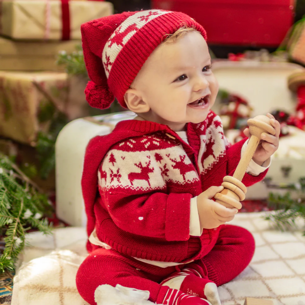 Nate Red Knit Winter Cardigan with Pom - Little Kinfolk Boutique | Children's Clothing Regina, SK