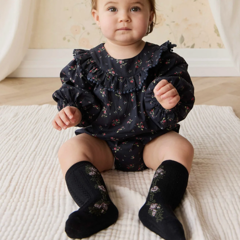 Tasha Floral Jacquard Sock in Black Beauty PRESALE - Little Kinfolk Boutique | Children's Clothing Regina, SK