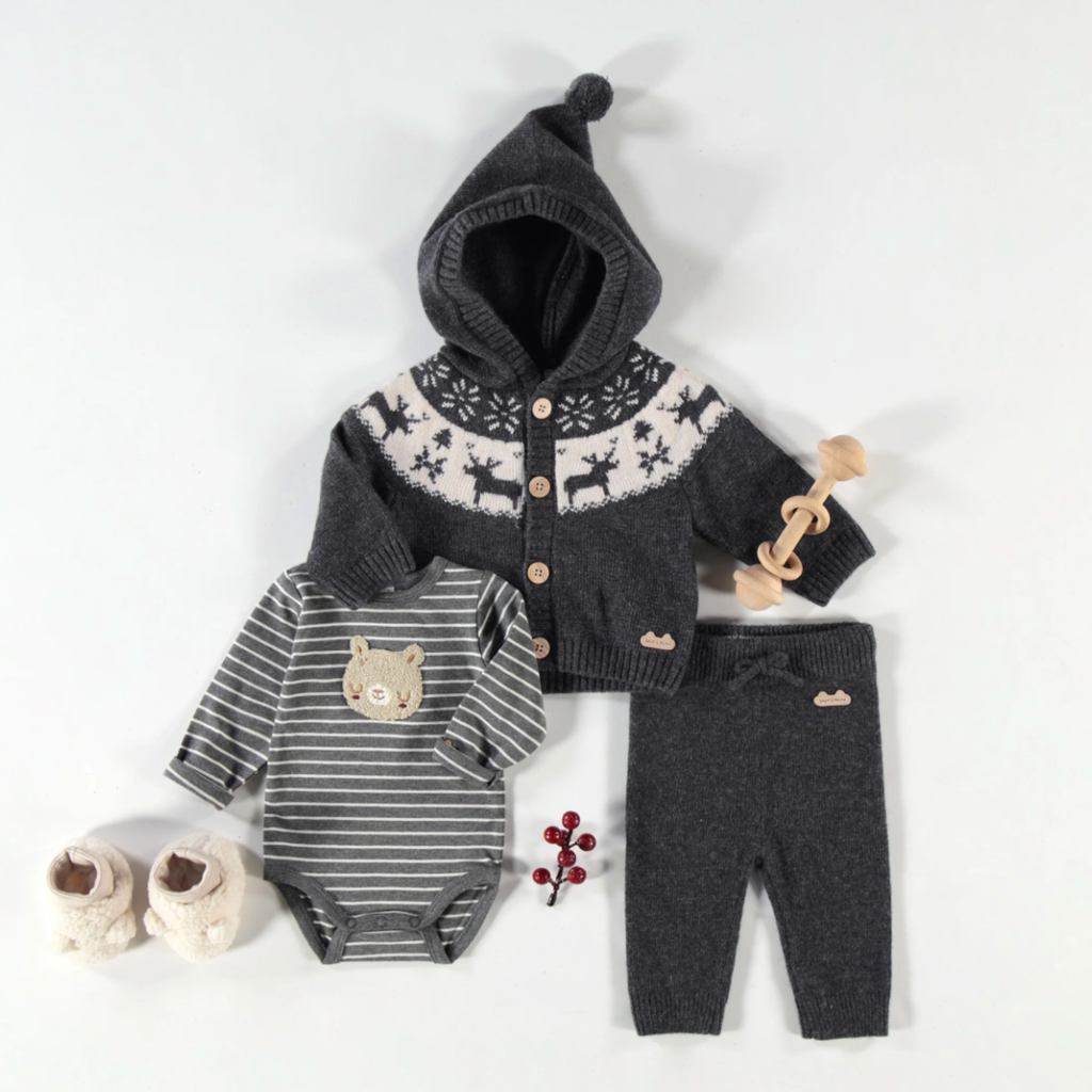Tate Grey Knit Winter Cardigan with Pom - Little Kinfolk Boutique | Children's Clothing Regina, SK