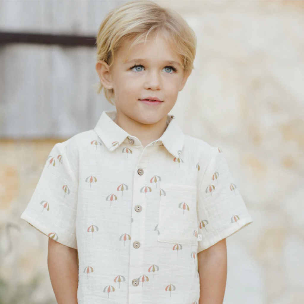 Umbrellas Collared Short Sleeve Shirt - Little Kinfolk Boutique | Children's Clothing Regina, SK