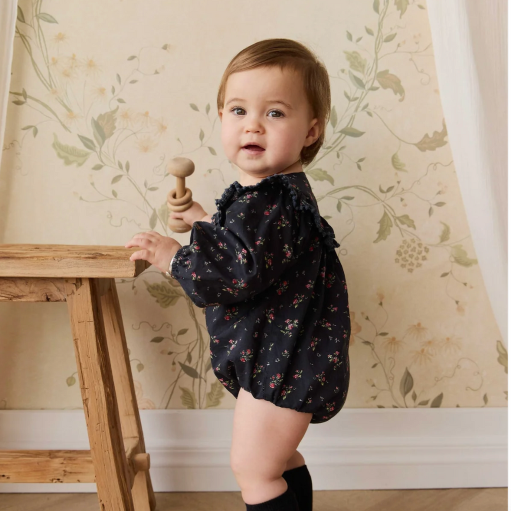 Malia Ruffle Playsuit in Bianca Black PRESALE - Little Kinfolk Boutique | Children's Clothing Regina, SK