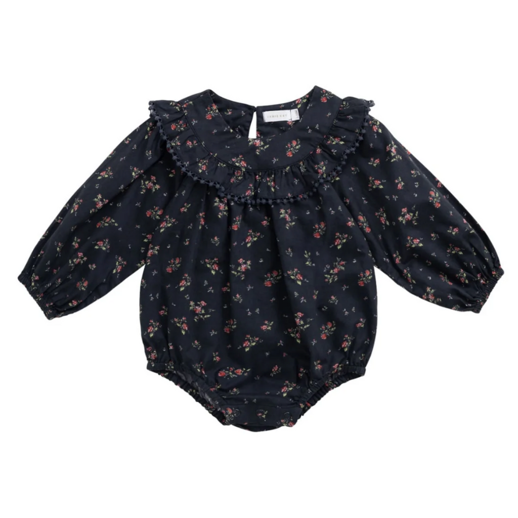 Malia Ruffle Playsuit in Bianca Black PRESALE - Little Kinfolk Boutique | Children's Clothing Regina, SK