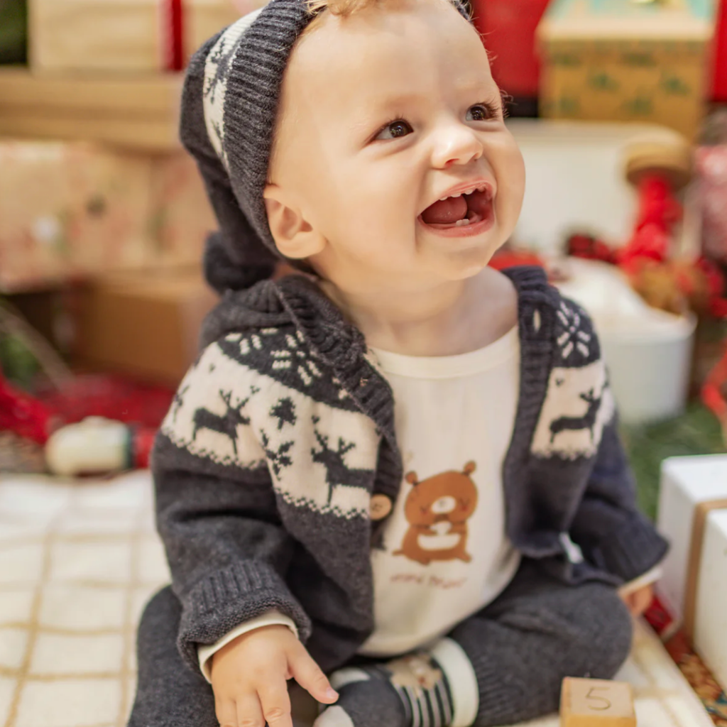 Tate Grey Knit Winter Cardigan with Pom - Little Kinfolk Boutique | Children's Clothing Regina, SK