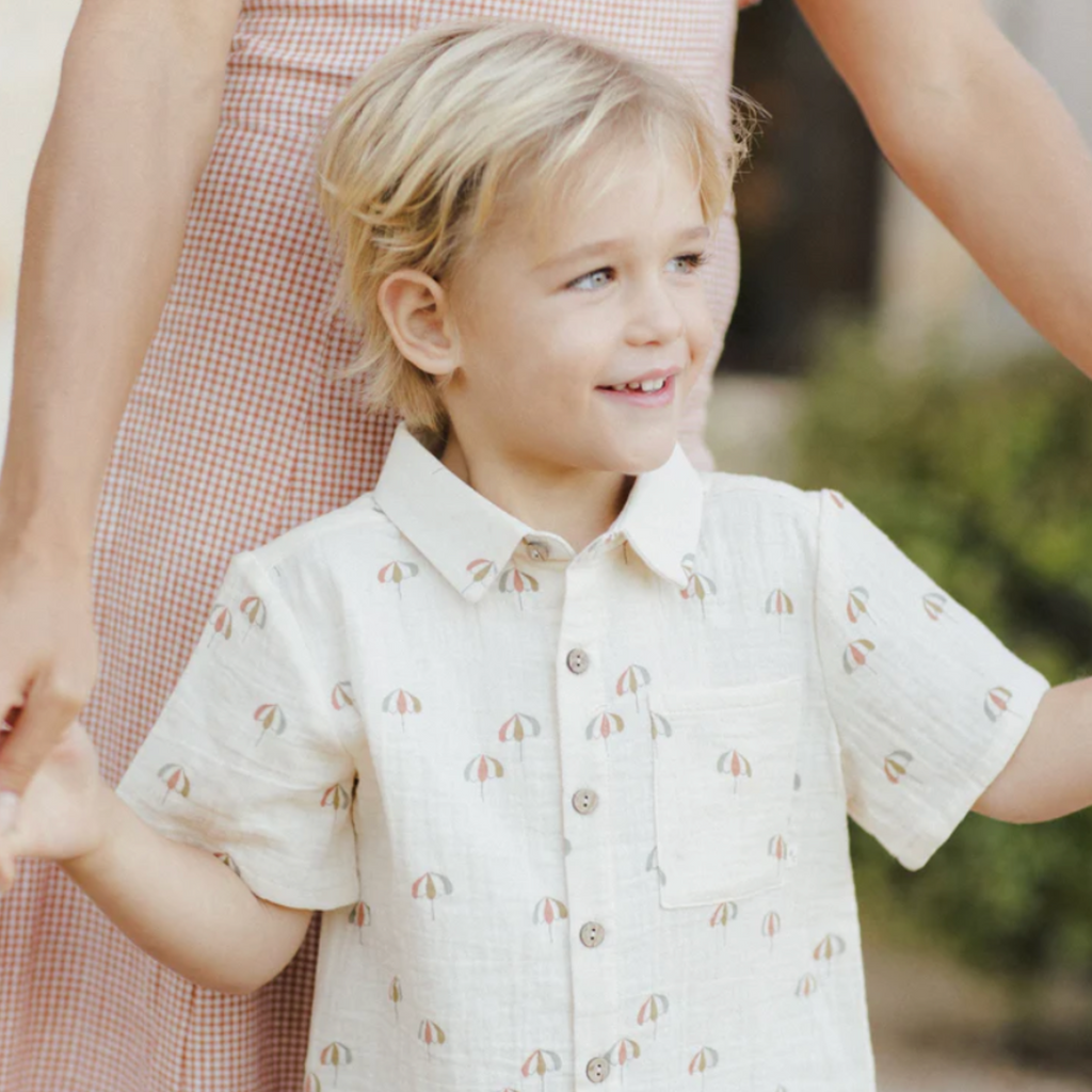 Umbrellas Collared Short Sleeve Shirt - Little Kinfolk Boutique | Children's Clothing Regina, SK