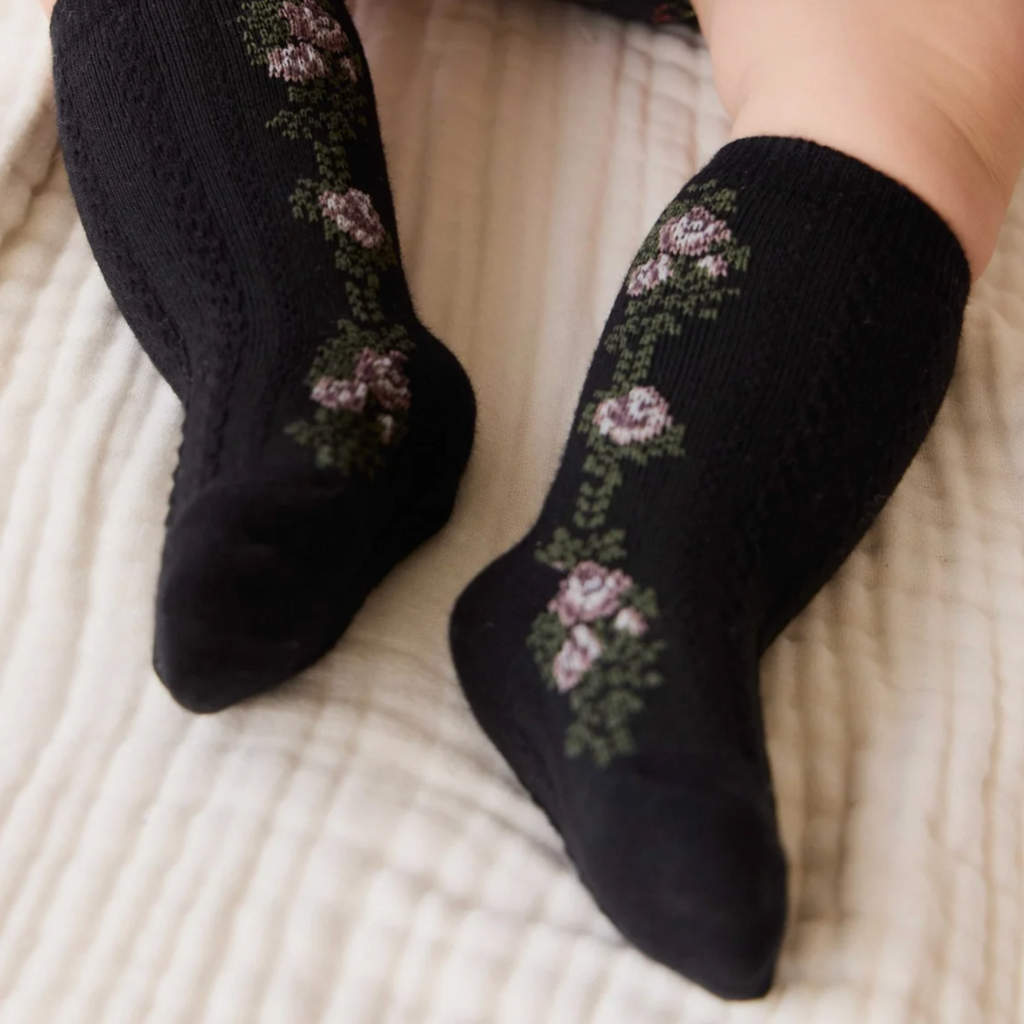 Tasha Floral Jacquard Sock in Black Beauty PRESALE - Little Kinfolk Boutique | Children's Clothing Regina, SK