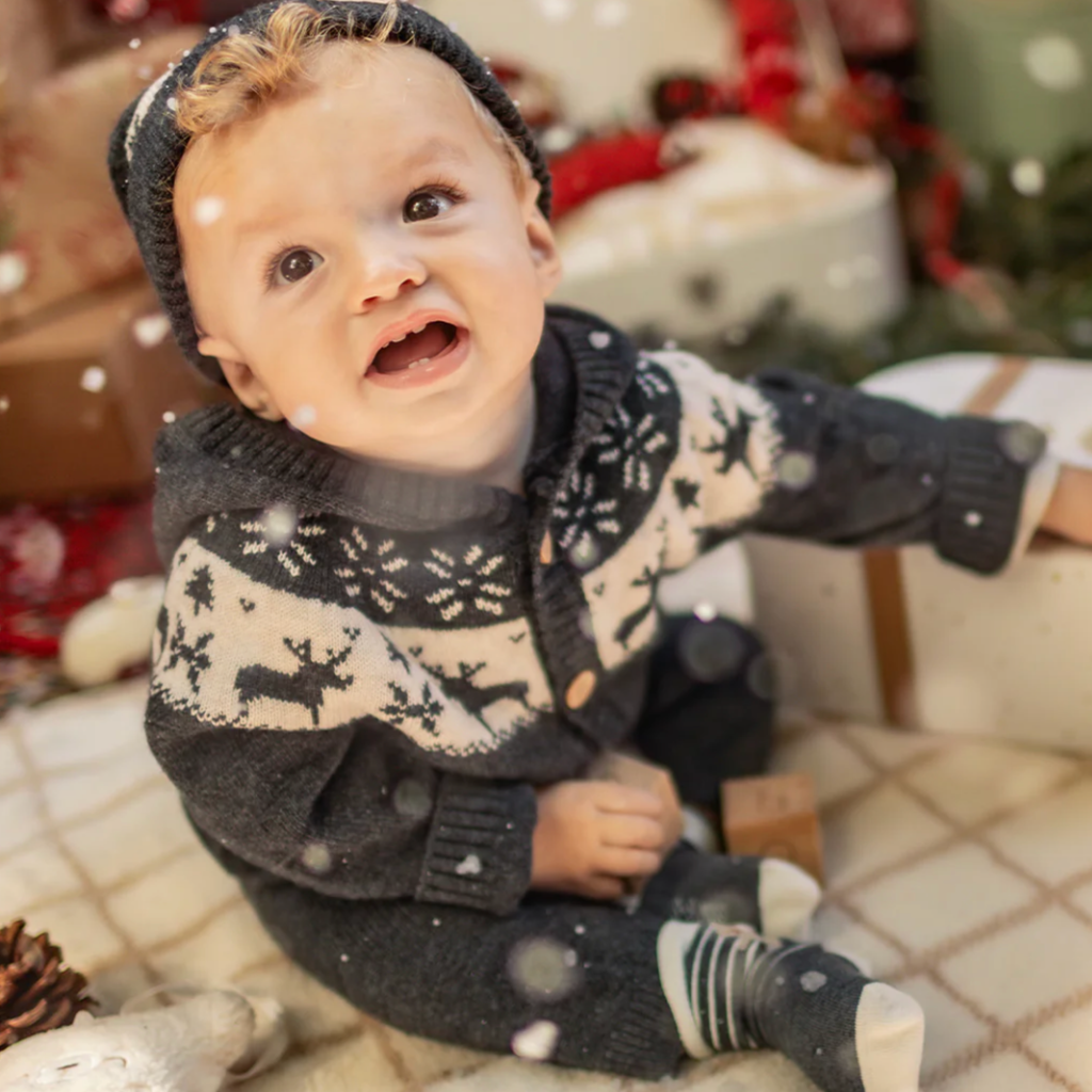 Tate Grey Knit Winter Cardigan with Pom - Little Kinfolk Boutique | Children's Clothing Regina, SK