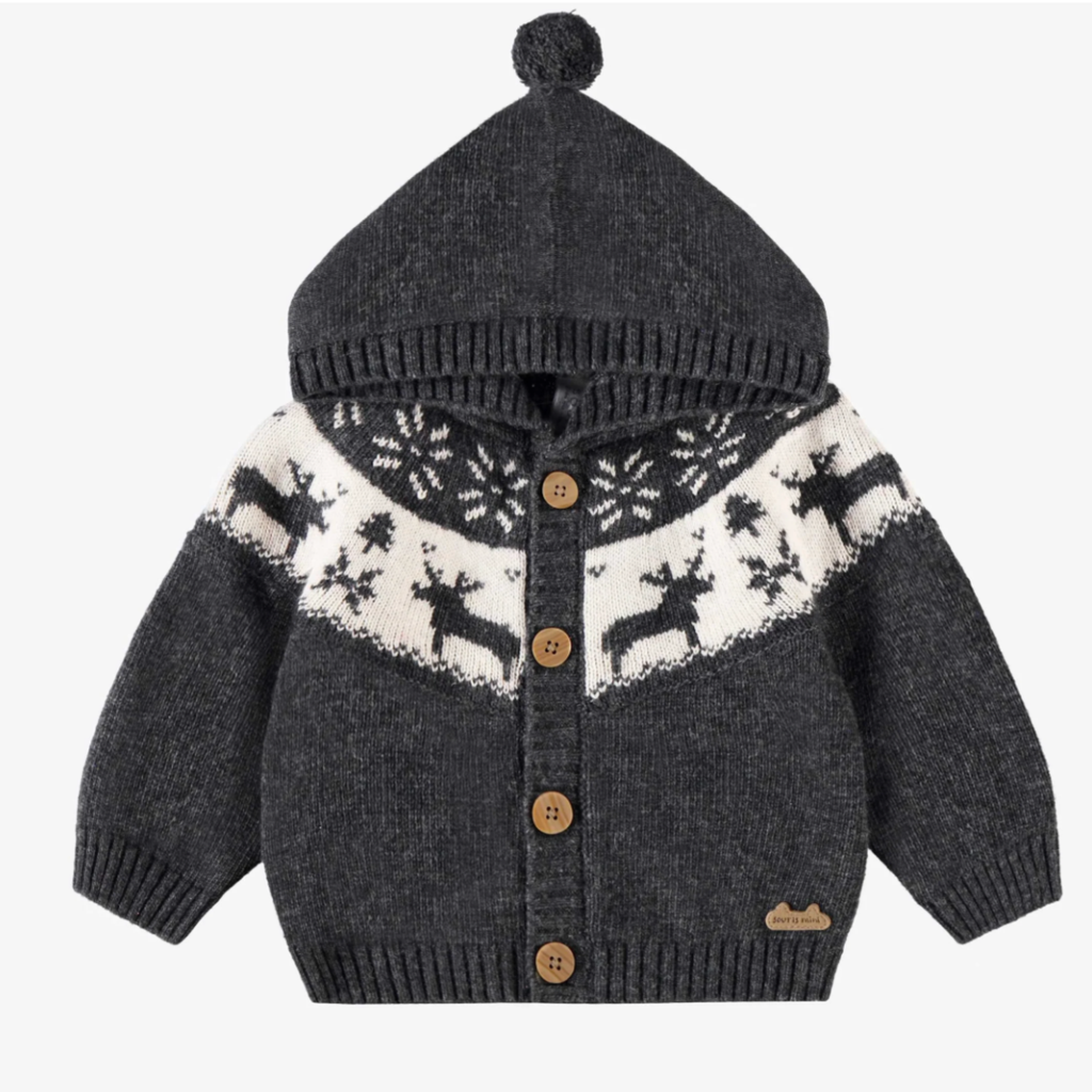 Tate Grey Knit Winter Cardigan with Pom - Little Kinfolk Boutique | Children's Clothing Regina, SK