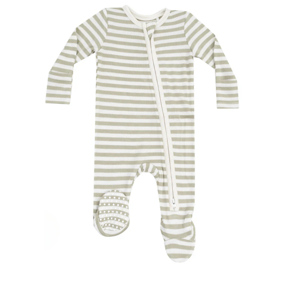 Sage Stripe Ribbed Zipper Sleeper - Little Kinfolk Boutique | Children's Clothing Regina, SK