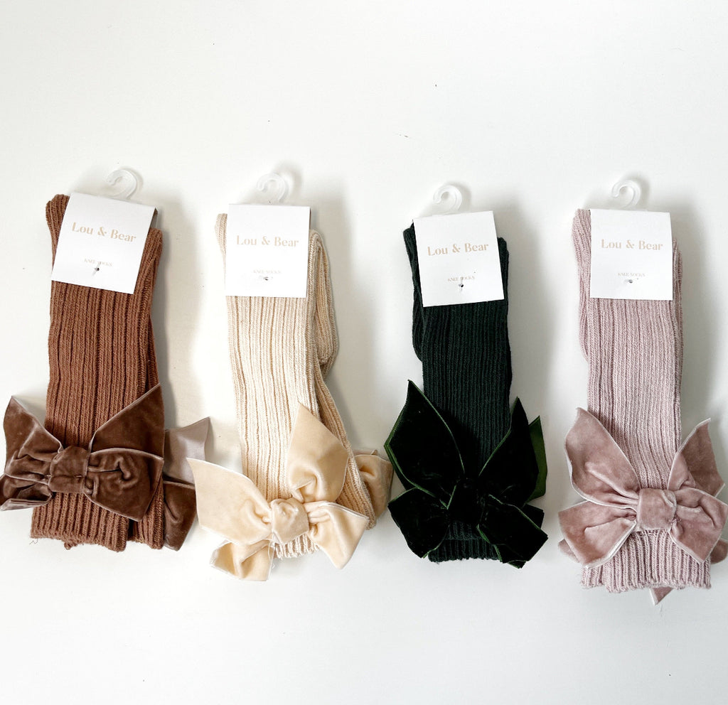 Lou & Bear Knee High Ribbed Socks With Velvet Bows - Little Kinfolk Boutique | Children's Clothing Regina, SK