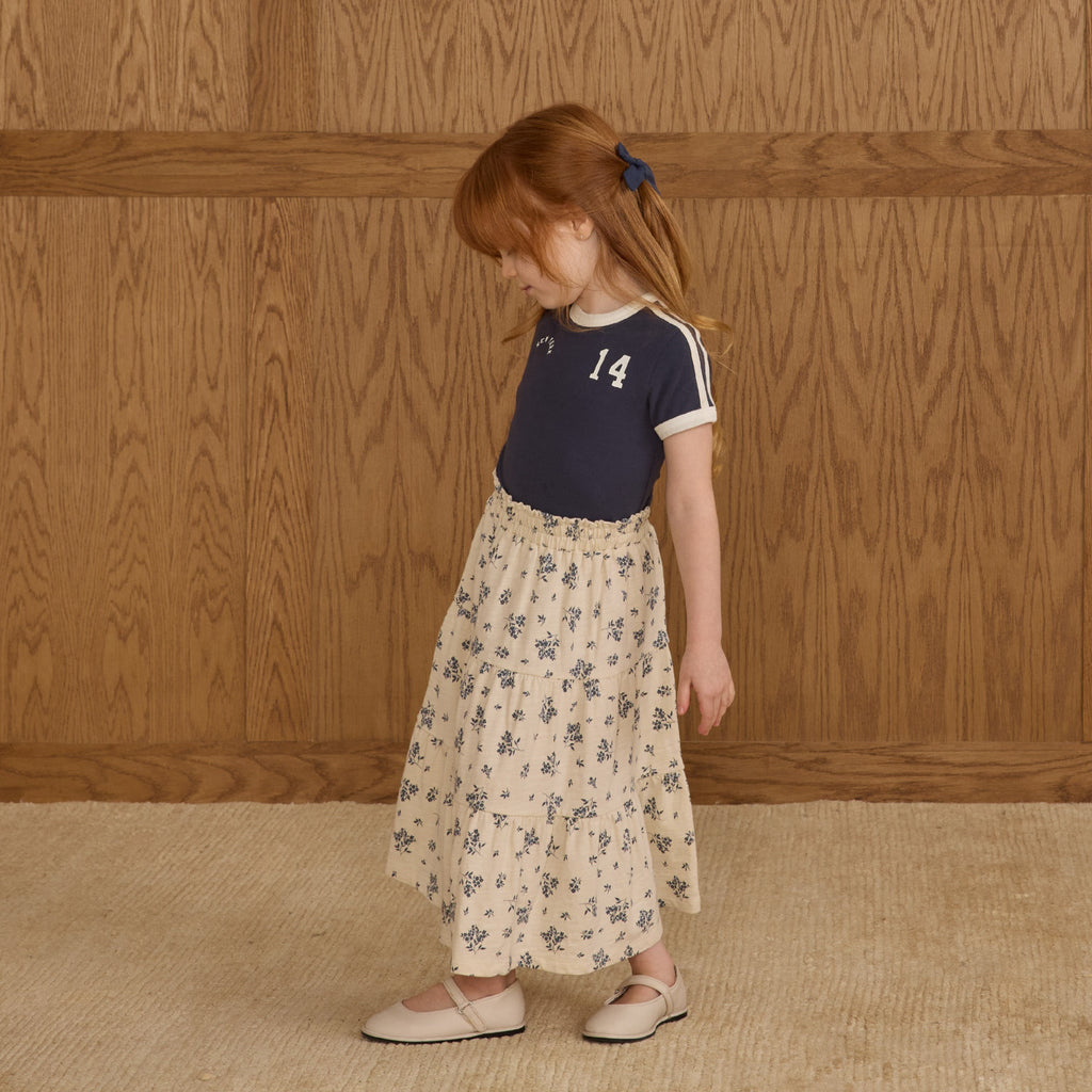 Blue Floral Ruffle Tiered Midi Skirt - Little Kinfolk Boutique | Children's Clothing Regina, SK