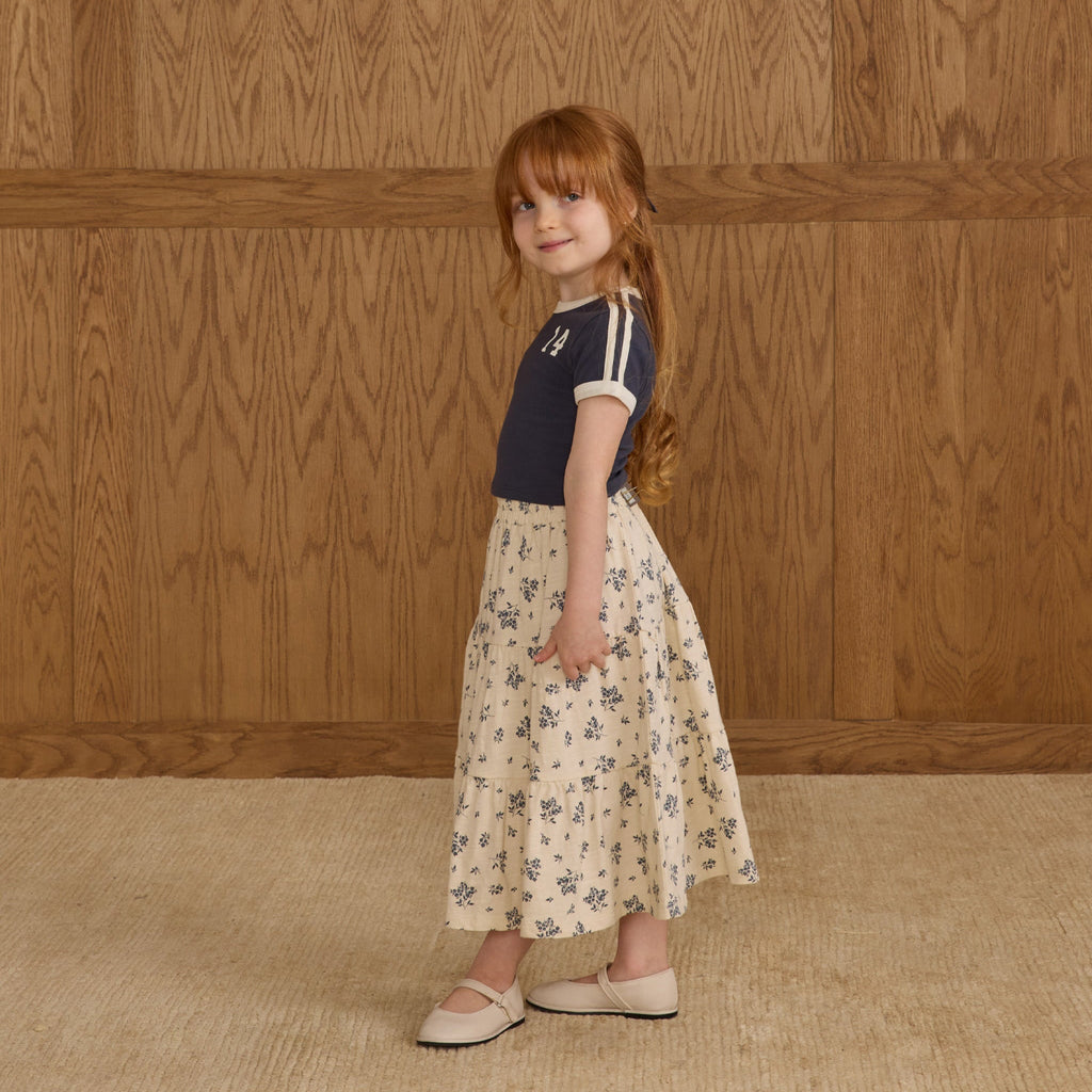 Blue Floral Ruffle Tiered Midi Skirt - Little Kinfolk Boutique | Children's Clothing Regina, SK