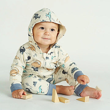 Dino Delight Bamboo Fleece Hooded Romper - Little Kinfolk Boutique | Children's Clothing Regina, SK